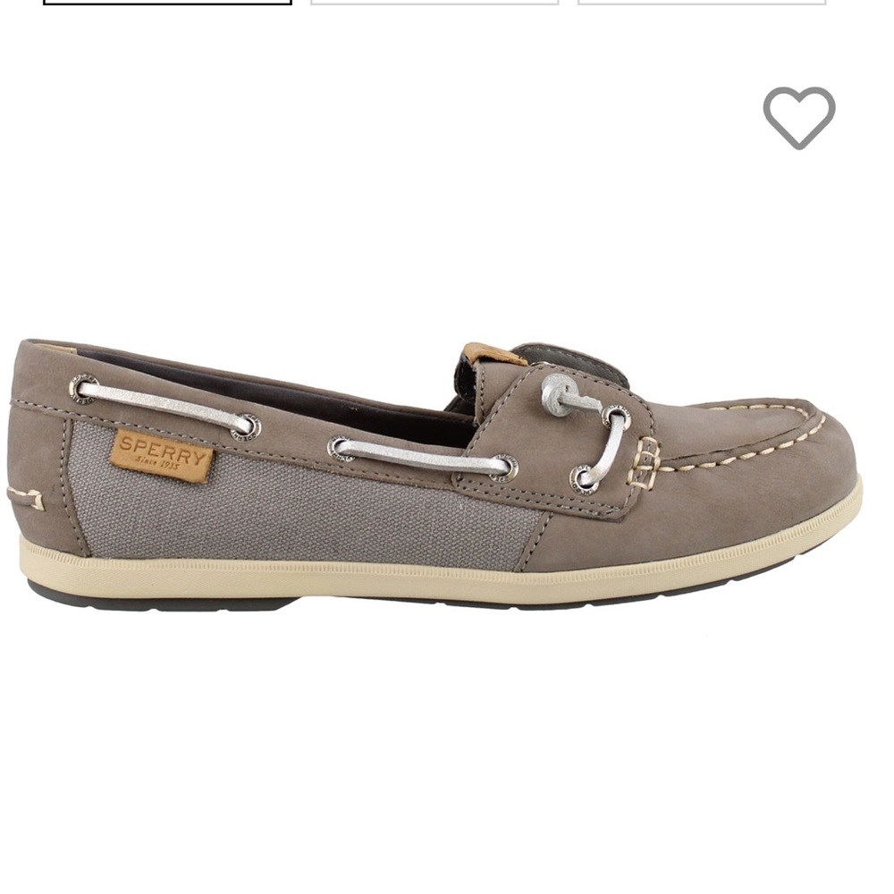 Sperry Slip-On Boat Shoes Coil Ivy Grey Canvas & Leather Brown Silver Preppy sz6